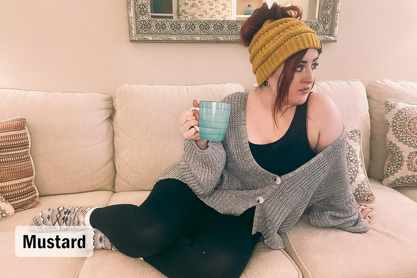 Ponytail Beanie for Women - Winter Ponyback Hat Soft Stretch Cable Knit High Pony Tail Womens Running Hats