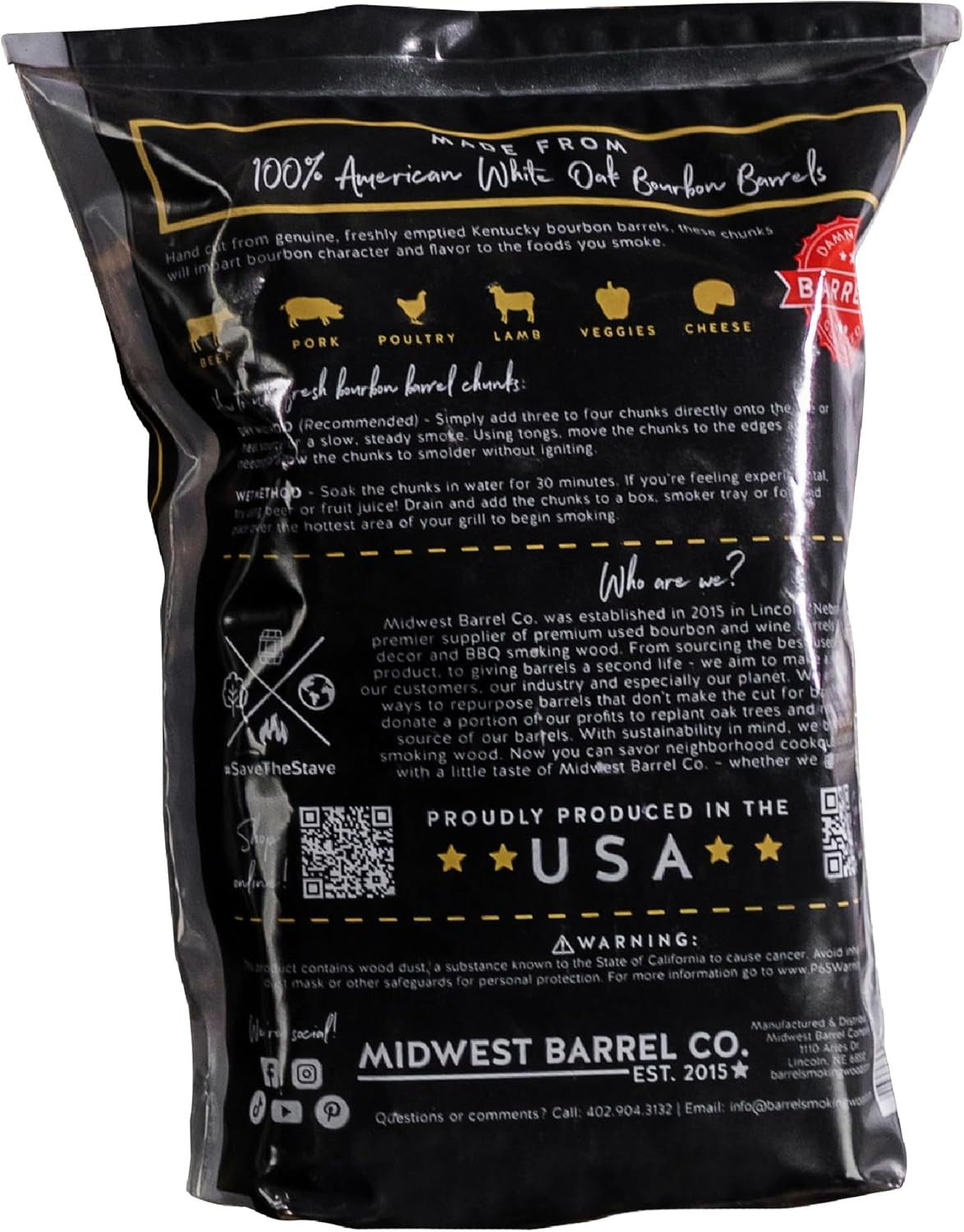 Midwest Barrel Co. Bag of Bourbon Barrel BBQ Smoking Wood Chunks - Authentic American White Oak Wood Chunks from Bourbon Barrels, Slow Burning, 1-4”, for BBQ, Lamb, Pork, Poultry, Veggies, Cheese