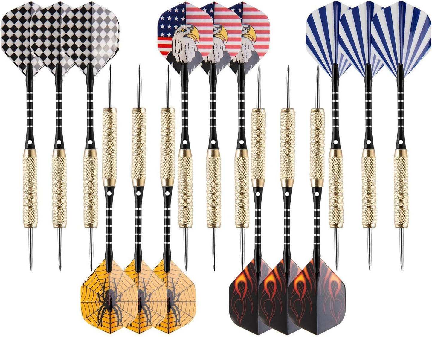 15 Packs Steel Tip Darts 18 Grams with Dart Sharpener and 3 Extra Flights, Aluminum Shafts & Brass Barrels, Levels in Every Rec Room, Man Cave, Bar and Game Room