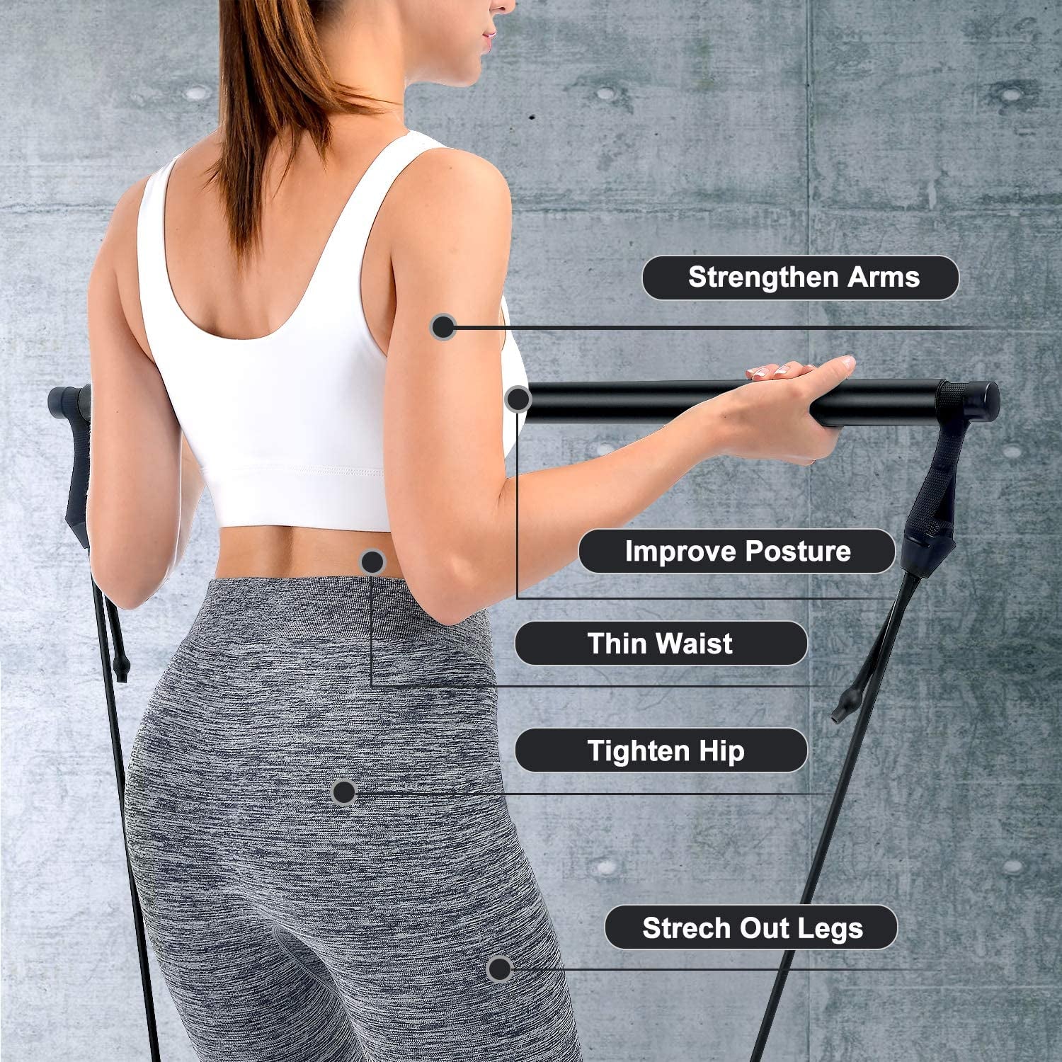 Pilates Bar,  Portable Pilates Bar Kit with Adjustable Resistance Band for Different Height, Home Gym Exercise Stick Yoga Bar with Foot Loop for Hipsline, Stretching, Muscle Toning