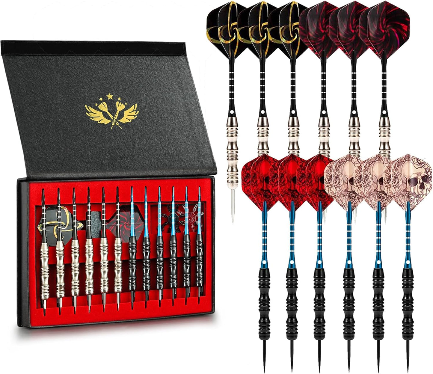 ADKX Steel Tip Darts 12 Pack Set with Nonslip Iron Barrel Aluminum Dart Shafts and Flights + Darts Sharpener + an Gift Box
