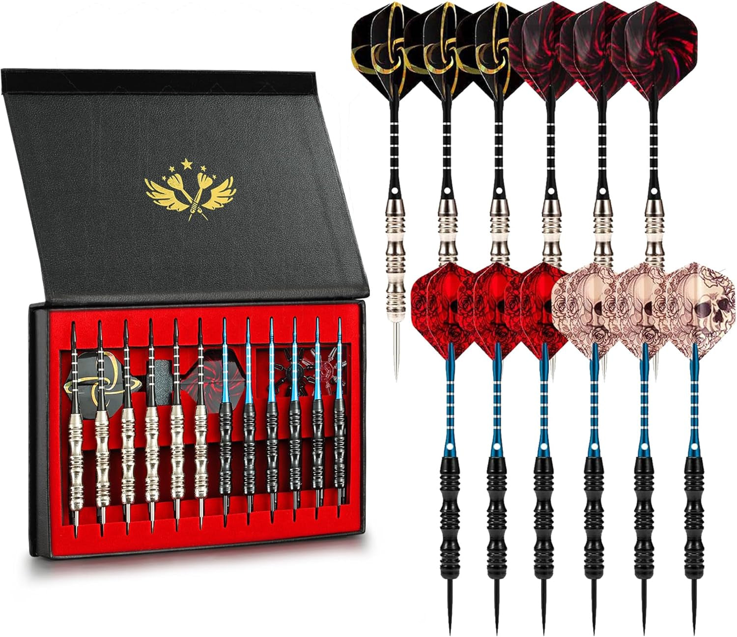 ADKX Steel Tip Darts 12 Pack Set with Nonslip Iron Barrel Aluminum Dart Shafts and Flights + Darts Sharpener + an Gift Box