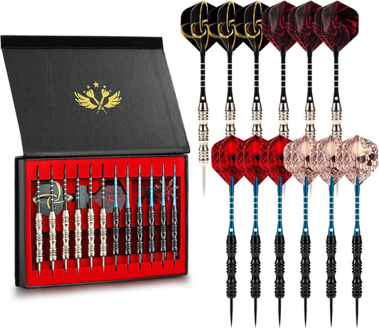 ADKX Steel Tip Darts 12 Pack Set with Nonslip Iron Barrel Aluminum Dart Shafts and Flights + Darts Sharpener + an Gift Box