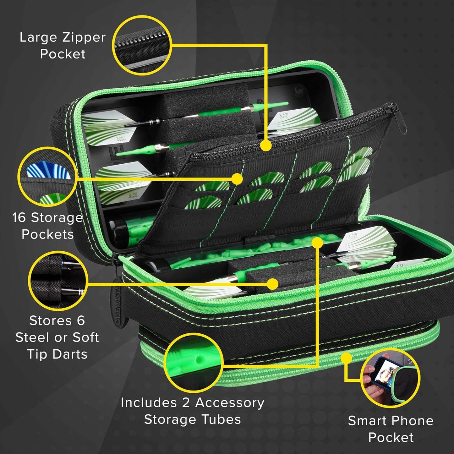 Plazma Pro, 6 Dart Case for Soft and Steel Tip Darts, Features Large Front Mobile Device Pocket, Built-In Storage Tubes and Pockets for Flights, Tips, Shafts, and Personal Items