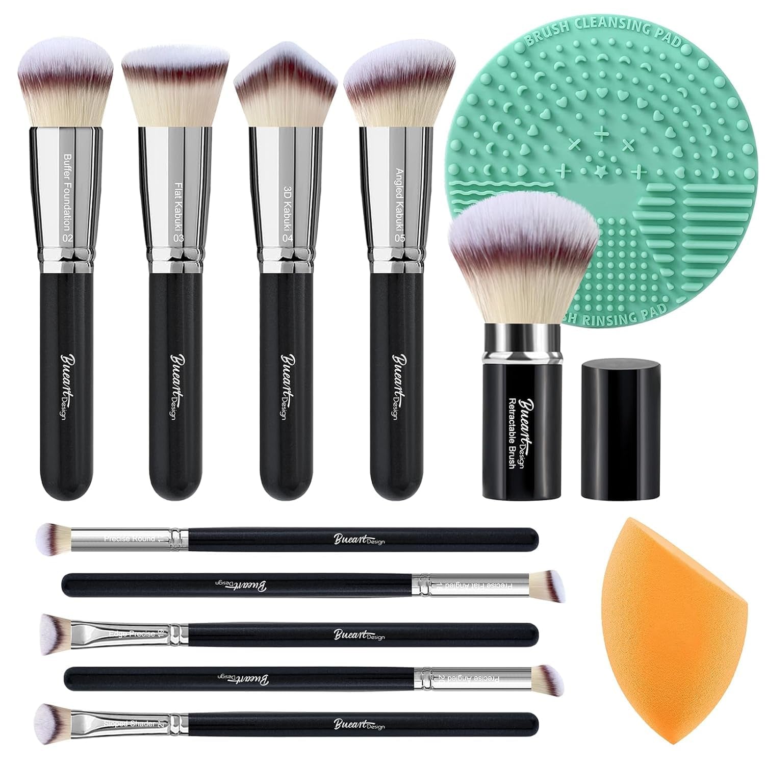 Essential Makeup Brushes Set with Travel Retractable Powder Brush Vegan Hair for Foundation Concealer Eyeshadow Face Contour Brush (10Pcs Pearl Black)