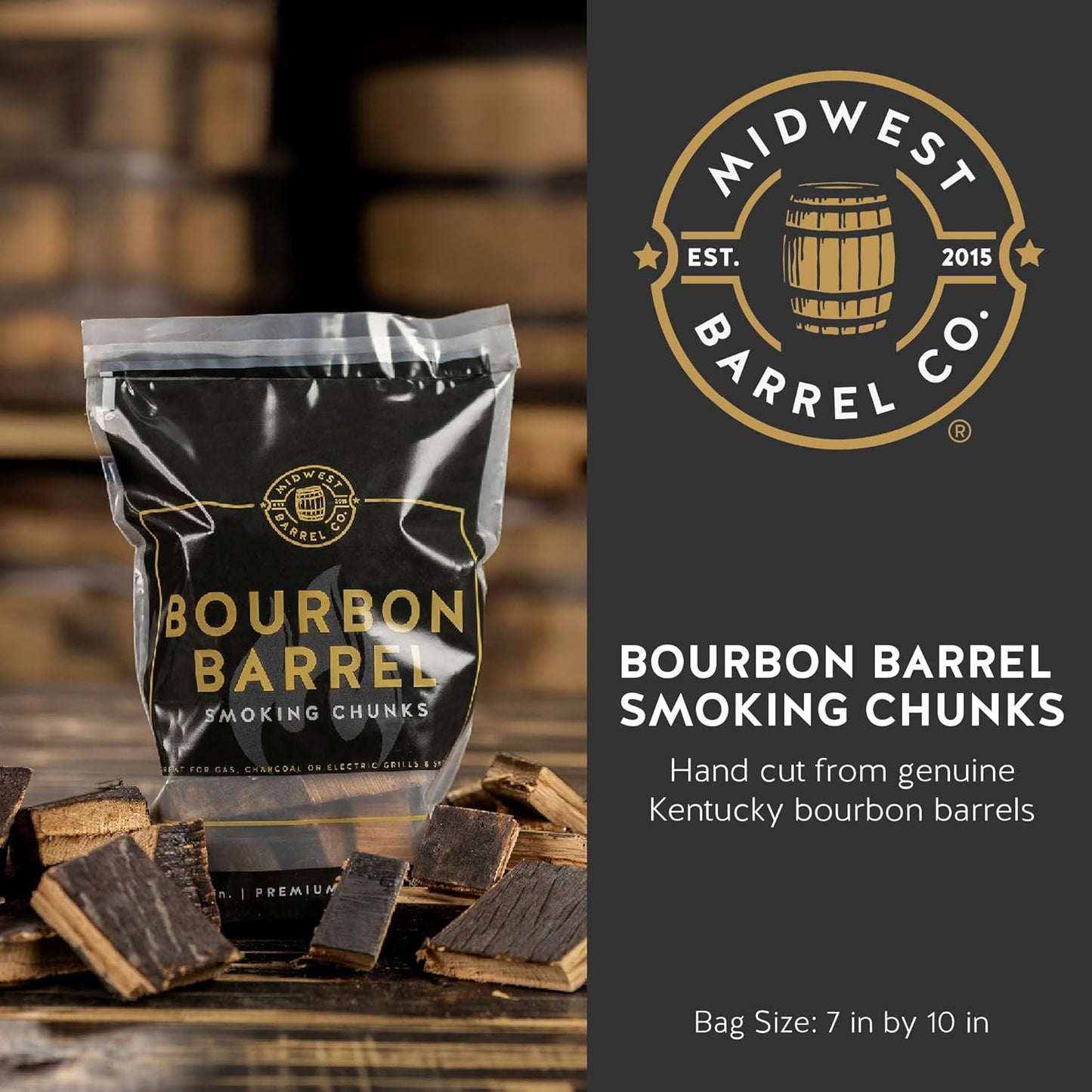 Midwest Barrel Co. Bag of Bourbon Barrel BBQ Smoking Wood Chunks - Authentic American White Oak Wood Chunks from Bourbon Barrels, Slow Burning, 1-4”, for BBQ, Lamb, Pork, Poultry, Veggies, Cheese