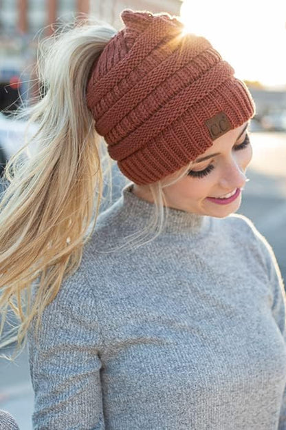 Ponytail Beanie for Women - Winter Ponyback Hat Soft Stretch Cable Knit High Pony Tail Womens Running Hats