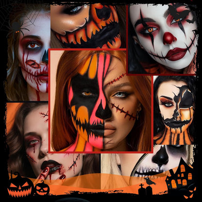 Makeup Brush Set,5Pcs Halloween Goth Makeup Brushes Powder Contour Eyeliner Brow Eyeshadow Brush Set with 9 Colors Halloween Eyeshadow Palette,1Pc Makeup Sponge Puff&3Pcs Halloween Scar Tattoo