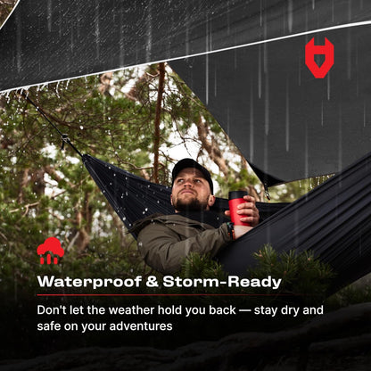 Rain Fly 12X10 Lightweight Survival Camping Tarp; 100% Waterproof; Makes a Great Backpacking Tarp or Hammock Shelter; Comes in Multiple Colors, Survival Bracelet Included; Black