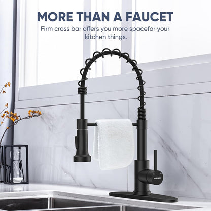 Kitchen Faucets with Pull down Sprayer Commercial Industrial Stainless Steel Single Handle Single Hole Spring Farmhouse RV Sink Faucet, Matte Black Kitchen Faucet for Laundry Utility Room Sink