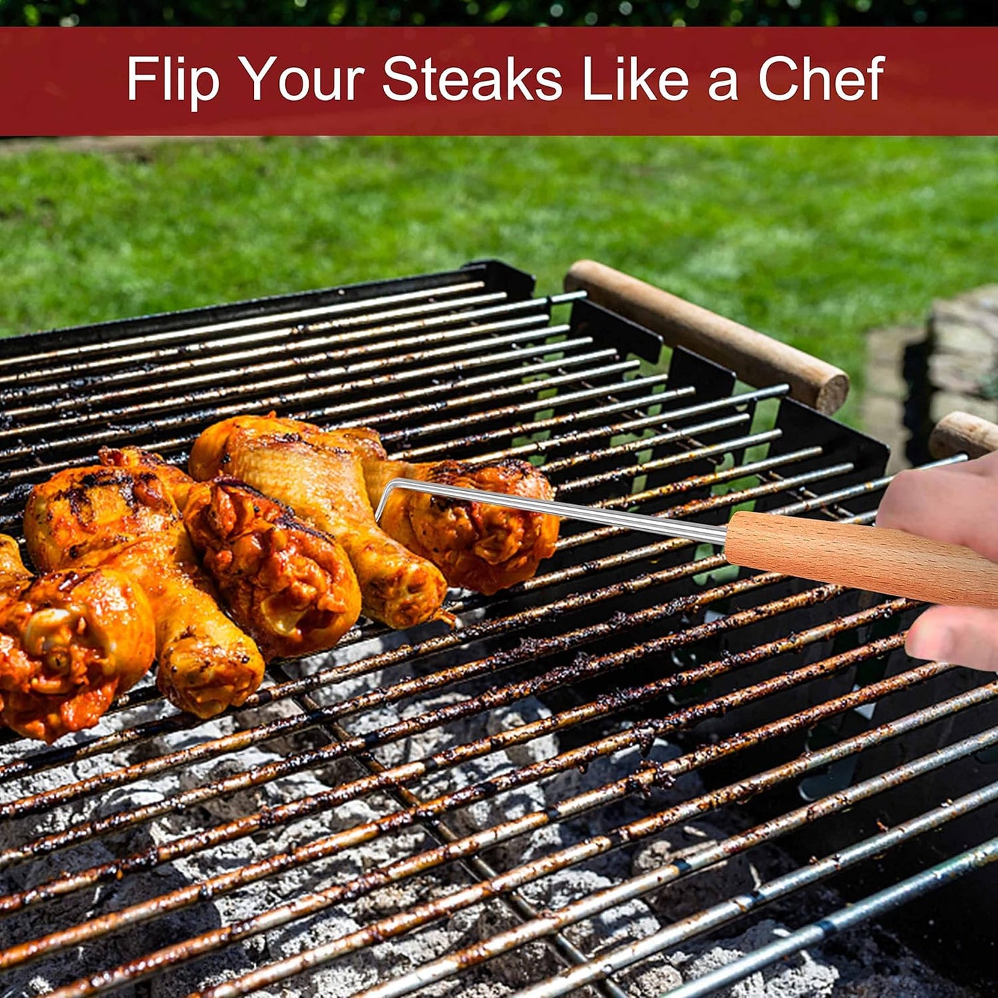 2 Pack Pigtail Food Flipper, 12 Inch Meat Hook Flippers Turners with Stainless Steel Shafts, Substitutes of Grill Tongs, Spatulas, Forks for Kitchen Cooking BBQ, Wooden Handles