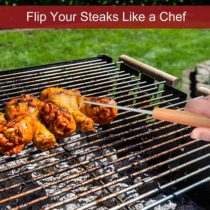 2 Pack Pigtail Food Flipper, 12 Inch Meat Hook Flippers Turners with Stainless Steel Shafts, Substitutes of Grill Tongs, Spatulas, Forks for Kitchen Cooking BBQ, Wooden Handles