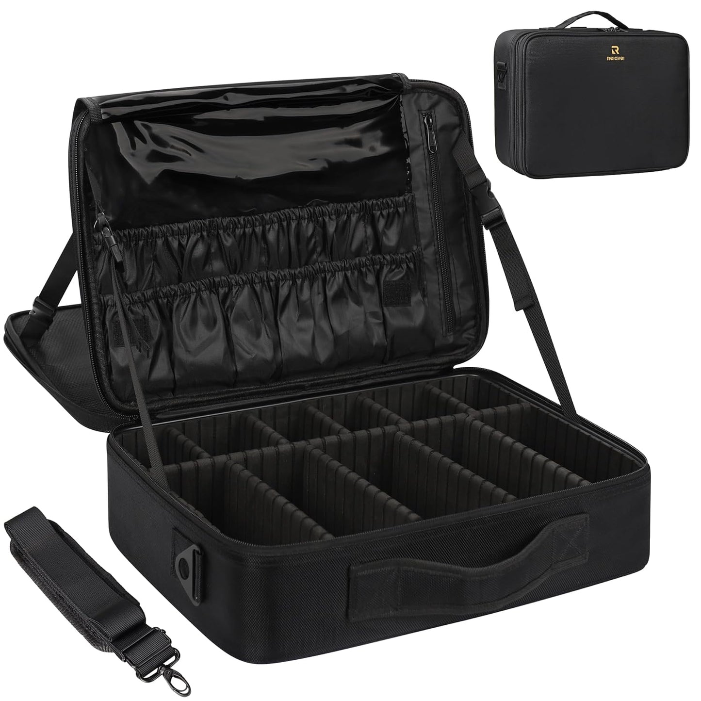 Large Capacity Makeup Case 3 Layers Cosmetic Organizer Brush Bag Barber Train Case Makeup Artist Box for Hair Curler Hair Straightener Brush Set and Cosmetics