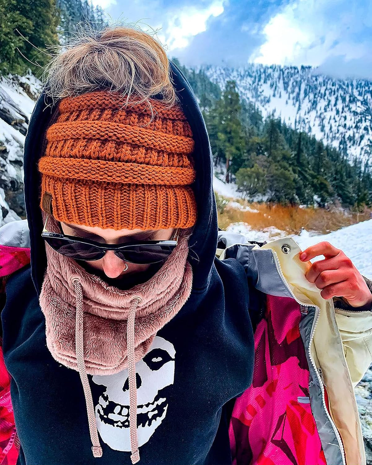 Ponytail Beanie for Women - Winter Ponyback Hat Soft Stretch Cable Knit High Pony Tail Womens Running Hats