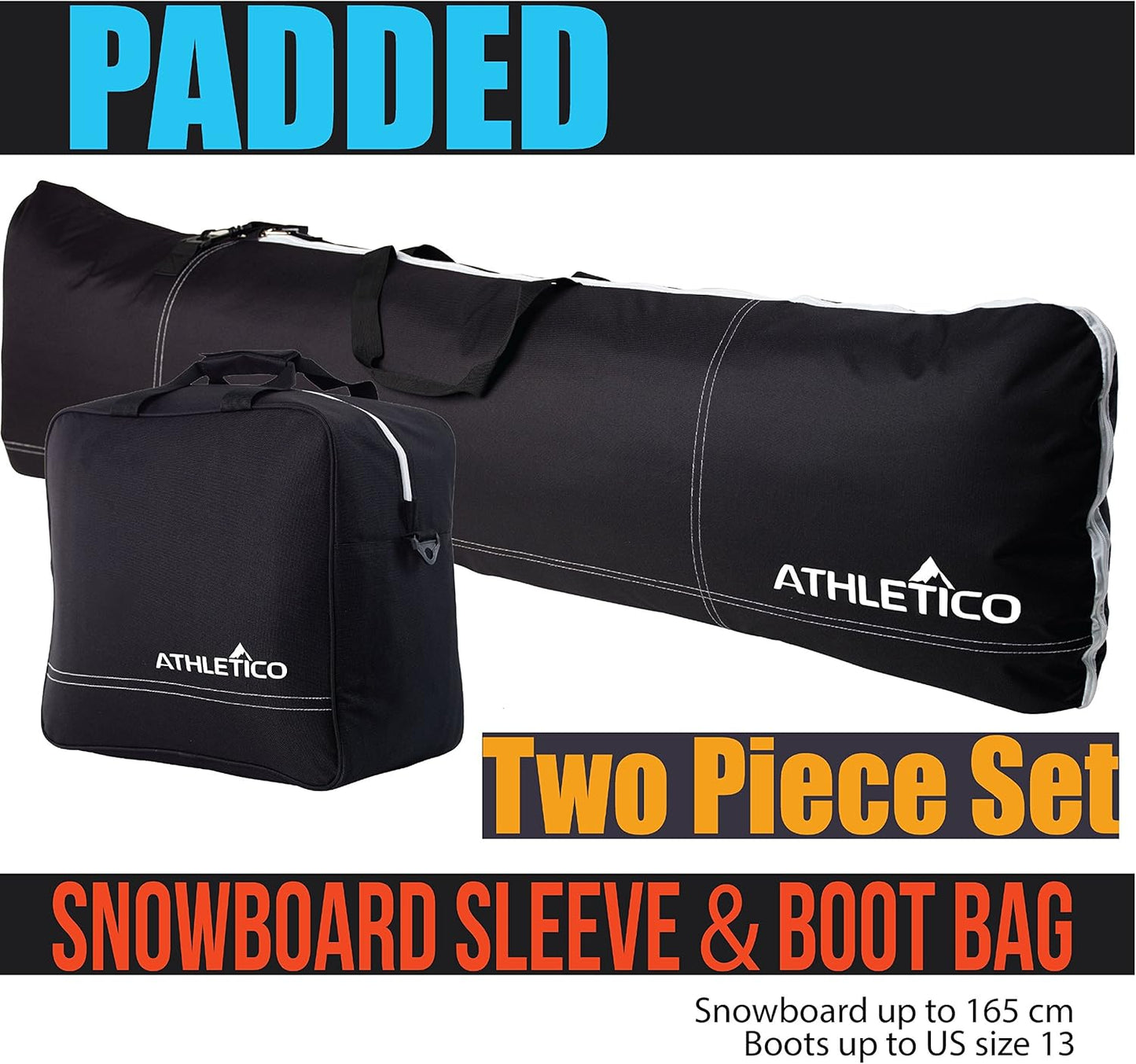 Padded Two-Piece Snowboard and Boot Bag Combo | Store & Transport Snowboard up to 165 CM and Boots up to Size 13 | Includes 1 Padded Snowboard Bag & 1 Padded Boot Bag