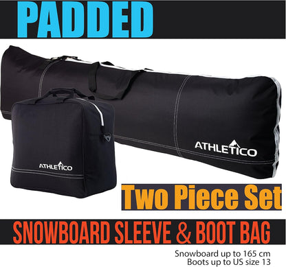 Padded Two-Piece Snowboard and Boot Bag Combo | Store & Transport Snowboard up to 165 CM and Boots up to Size 13 | Includes 1 Padded Snowboard Bag & 1 Padded Boot Bag