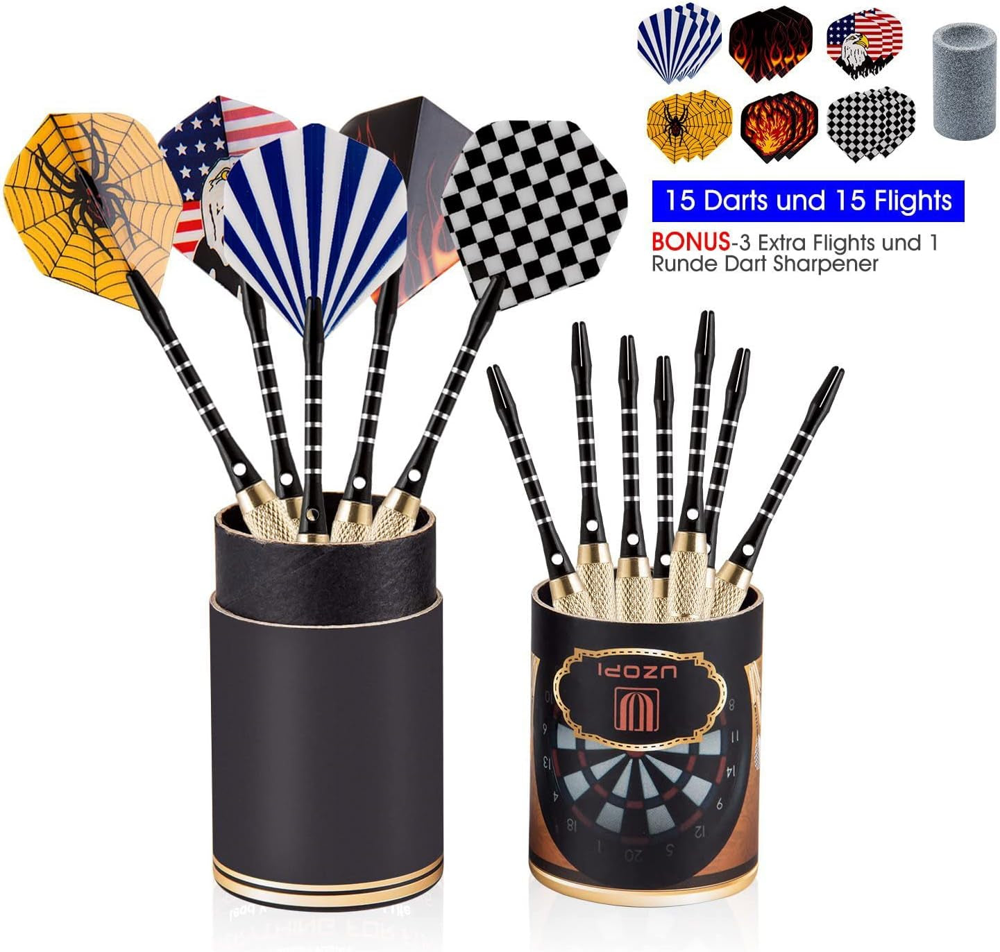 15 Packs Steel Tip Darts 18 Grams with Dart Sharpener and 3 Extra Flights, Aluminum Shafts & Brass Barrels, Levels in Every Rec Room, Man Cave, Bar and Game Room