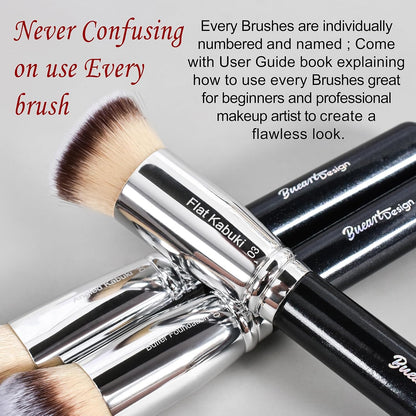 Essential Makeup Brushes Set with Travel Retractable Powder Brush Vegan Hair for Foundation Concealer Eyeshadow Face Contour Brush (10Pcs Pearl Black)