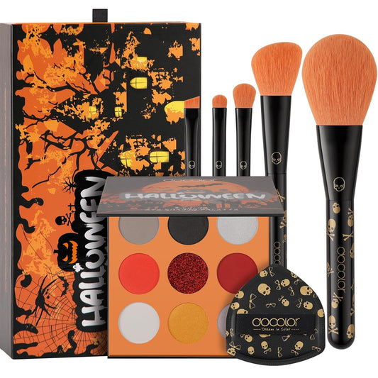Makeup Brush Set,5Pcs Halloween Goth Makeup Brushes Powder Contour Eyeliner Brow Eyeshadow Brush Set with 9 Colors Halloween Eyeshadow Palette,1Pc Makeup Sponge Puff&3Pcs Halloween Scar Tattoo