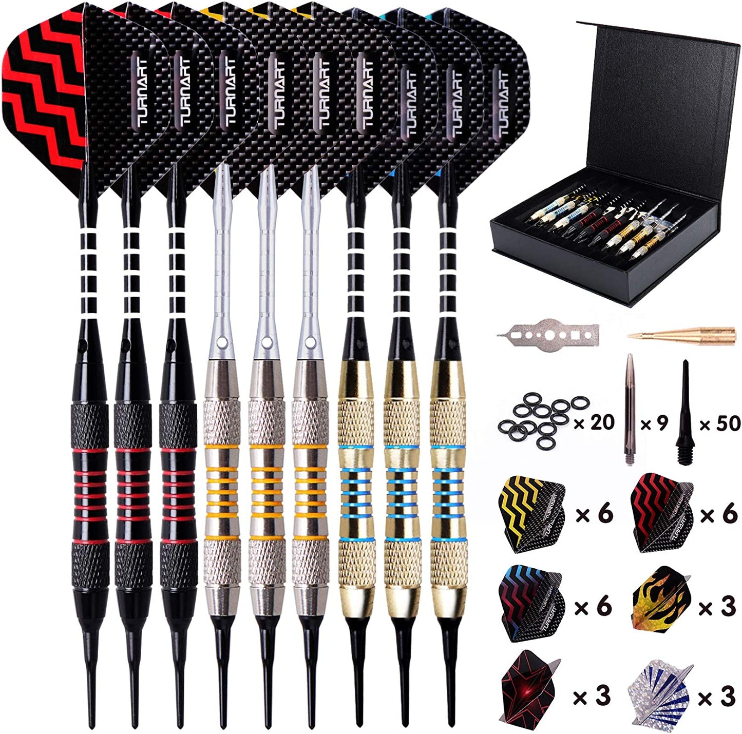 Darts Plastic Tip - Professional Soft Tip Darts Set for Electronic Dartboard 9 Pcs 18 Grams with 50 Extra Tips 9 Shafts 27 Flights Tool Kit Flight Protectors and Gift Darts Case
