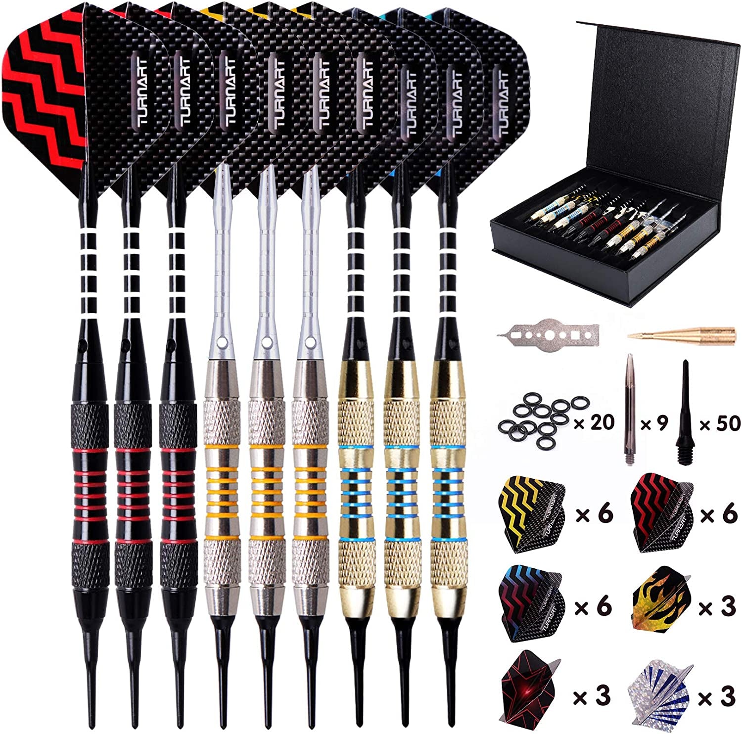 Darts Plastic Tip - Professional Soft Tip Darts Set for Electronic Dartboard 9 Pcs 18 Grams with 50 Extra Tips 9 Shafts 27 Flights Tool Kit Flight Protectors and Gift Darts Case