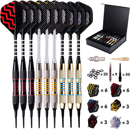 Darts Plastic Tip - Professional Soft Tip Darts Set for Electronic Dartboard 9 Pcs 18 Grams with 50 Extra Tips 9 Shafts 27 Flights Tool Kit Flight Protectors and Gift Darts Case