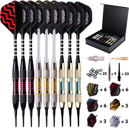 Darts Plastic Tip - Professional Soft Tip Darts Set for Electronic Dartboard 9 Pcs 18 Grams with 50 Extra Tips 9 Shafts 27 Flights Tool Kit Flight Protectors and Gift Darts Case