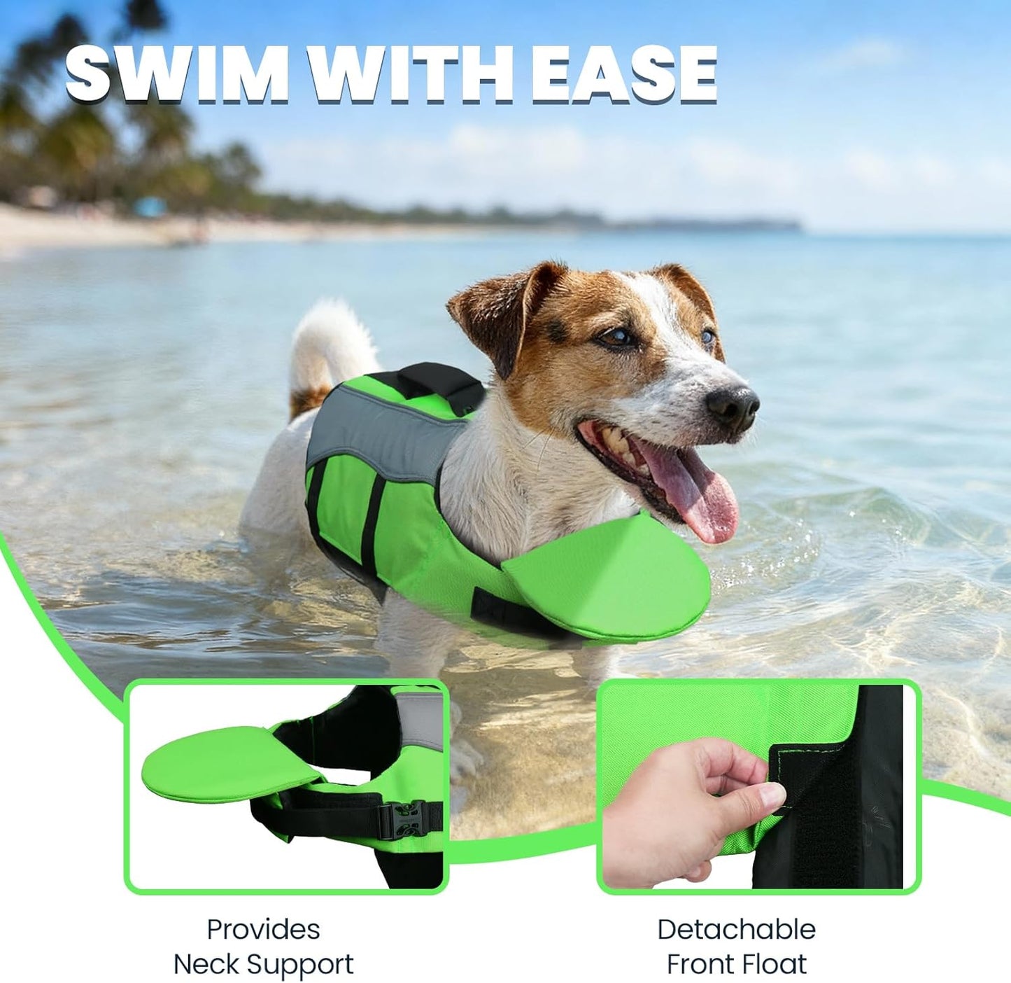 Front Float Dog Life Vest, Dog Life Jacket for Swimming & Boating, Swimming Vest with Chin Float & Handle, Ripstop & Buoyancy for Puppy Doggy, S, Bright Green