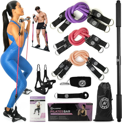 Pilates Bar Kit with Resistance Bands for Women & Men - Pilates Equipment for Home Workouts | Portable Exercise Bar with Adjustable Resistance Band | Gym Stick for Full Body Workout Toning - Fitness