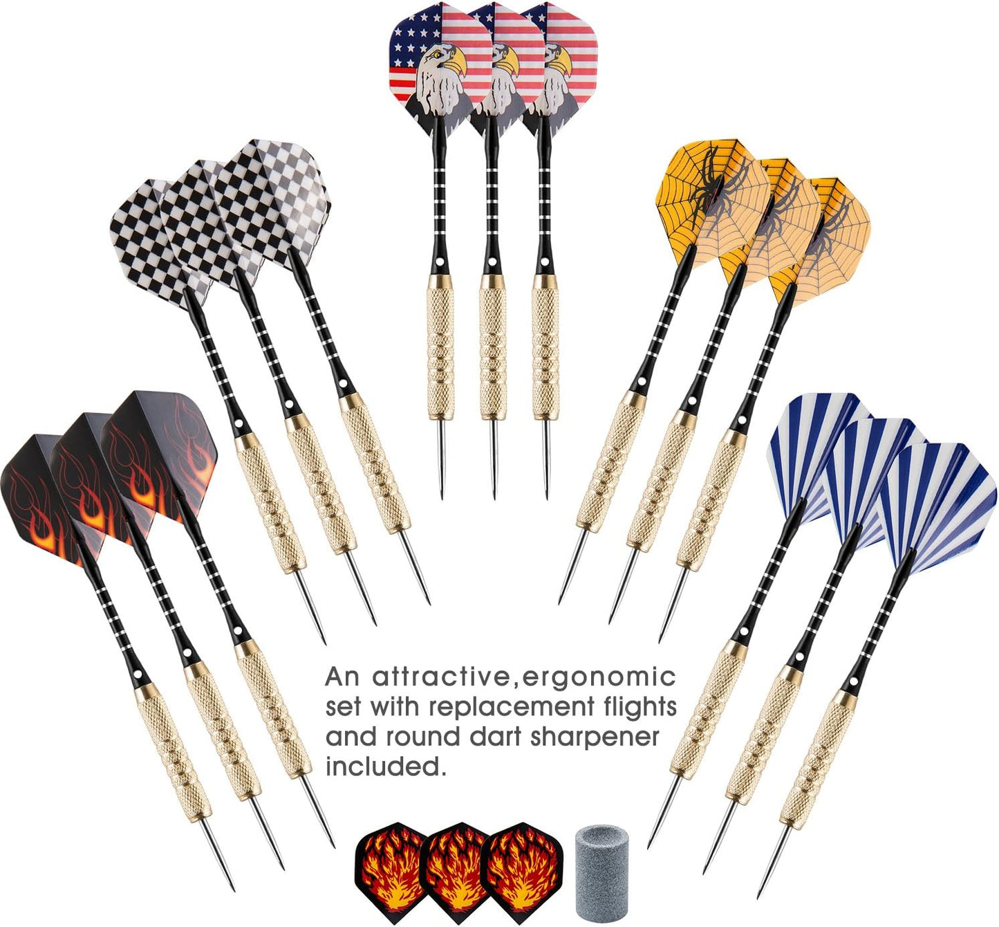 15 Packs Steel Tip Darts 18 Grams with Dart Sharpener and 3 Extra Flights, Aluminum Shafts & Brass Barrels, Levels in Every Rec Room, Man Cave, Bar and Game Room