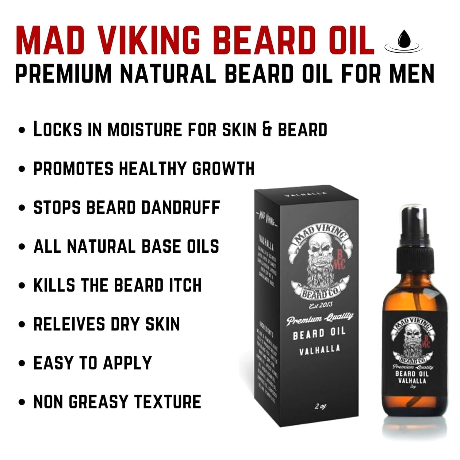 Mad Viking Valhalla Beard Oil - Hydrate, Soften and Grow Your Beard Naturally. Fight Itch and Dandruff with a Smooth Sandalwood & Vanilla Scent, Made in the USA - 2Oz