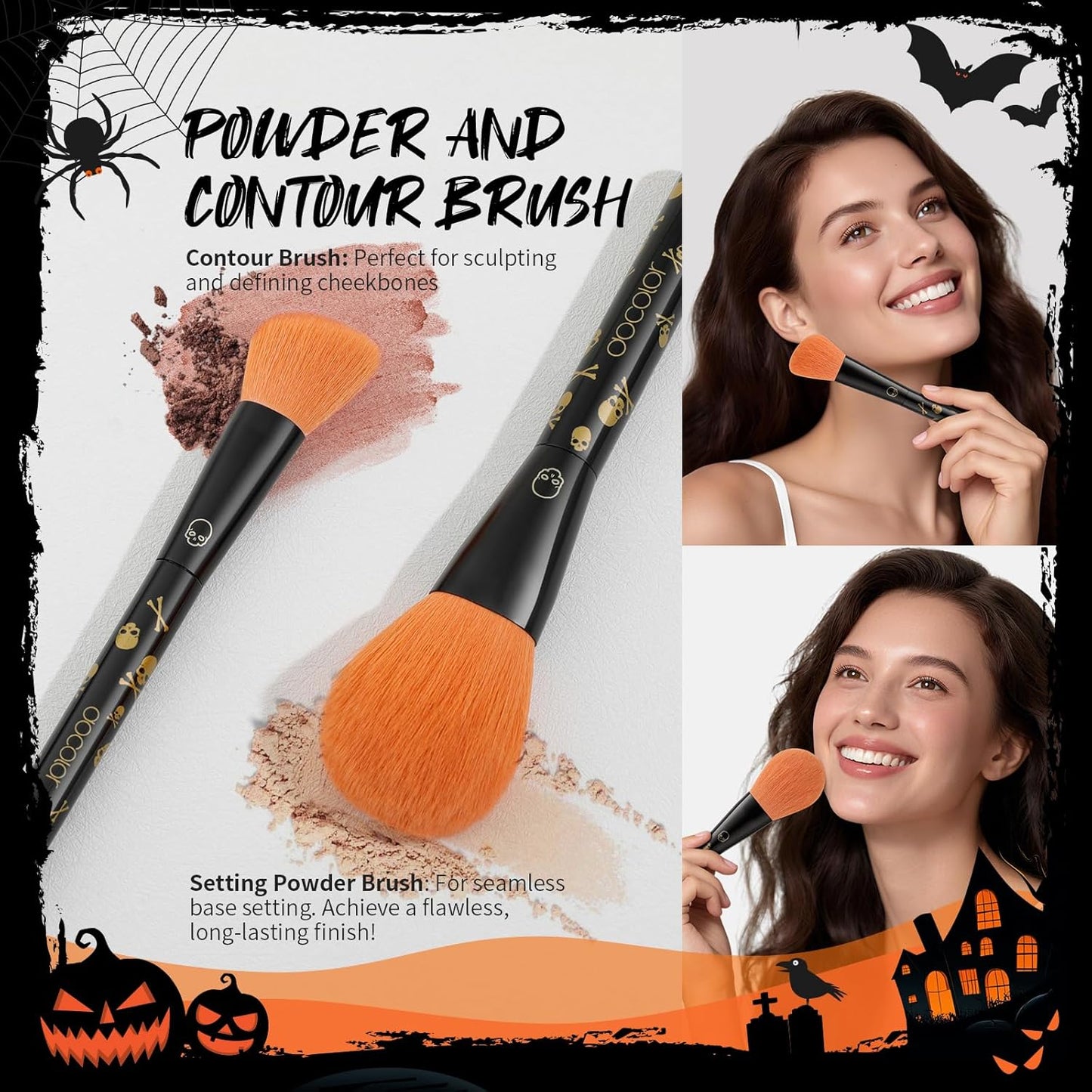 Makeup Brush Set,5Pcs Halloween Goth Makeup Brushes Powder Contour Eyeliner Brow Eyeshadow Brush Set with 9 Colors Halloween Eyeshadow Palette,1Pc Makeup Sponge Puff&3Pcs Halloween Scar Tattoo