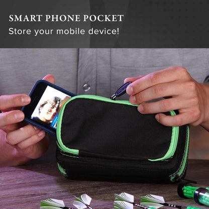 Plazma Pro, 6 Dart Case for Soft and Steel Tip Darts, Features Large Front Mobile Device Pocket, Built-In Storage Tubes and Pockets for Flights, Tips, Shafts, and Personal Items