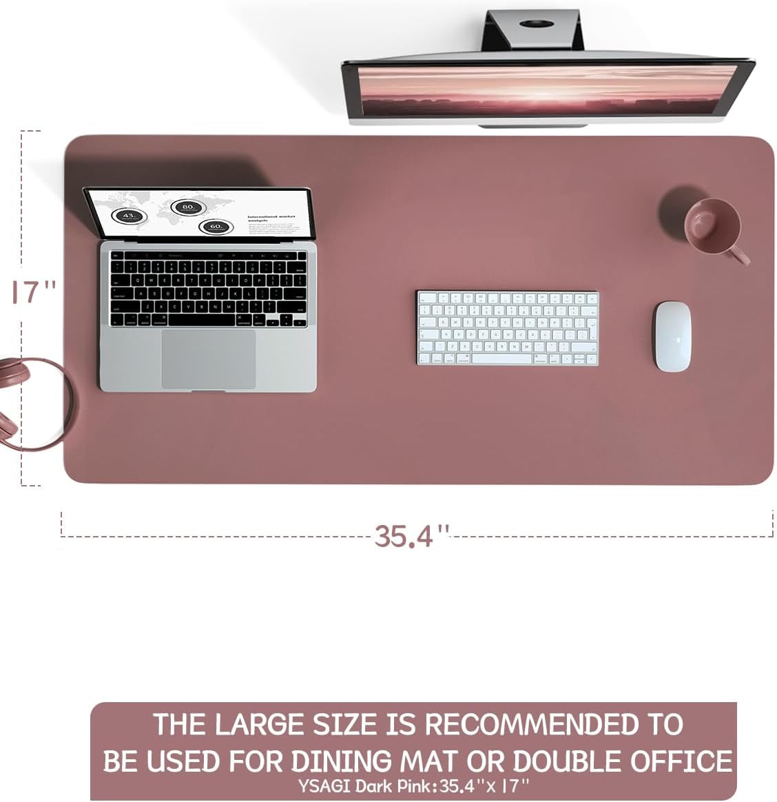 Non-Slip Leather Desk Pad L Size, Waterproof Laptop Computer Desk Keyboard Mat, Table Protector Blotter Mat, Large Mouse Pad for Office/Work/Home/Decor(Dark Pink, 35.4" X 17")