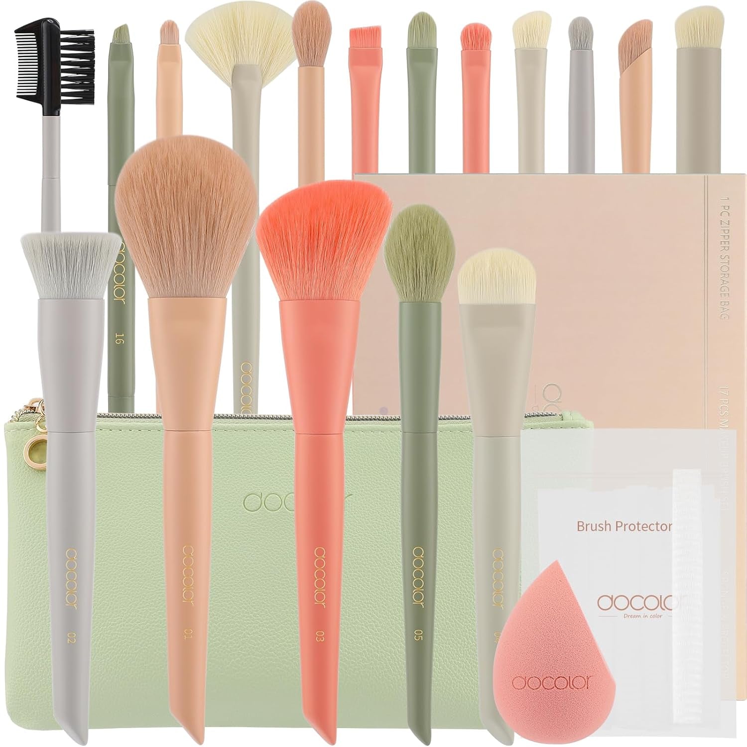 Makeup Brushes 17 Pcs with Makeup Bag and Makeup Sponge and Brush Protector Morandi Makeup Brush Set Premium Synthetic Hair Makeup Brush Wooden Handle Gift Box