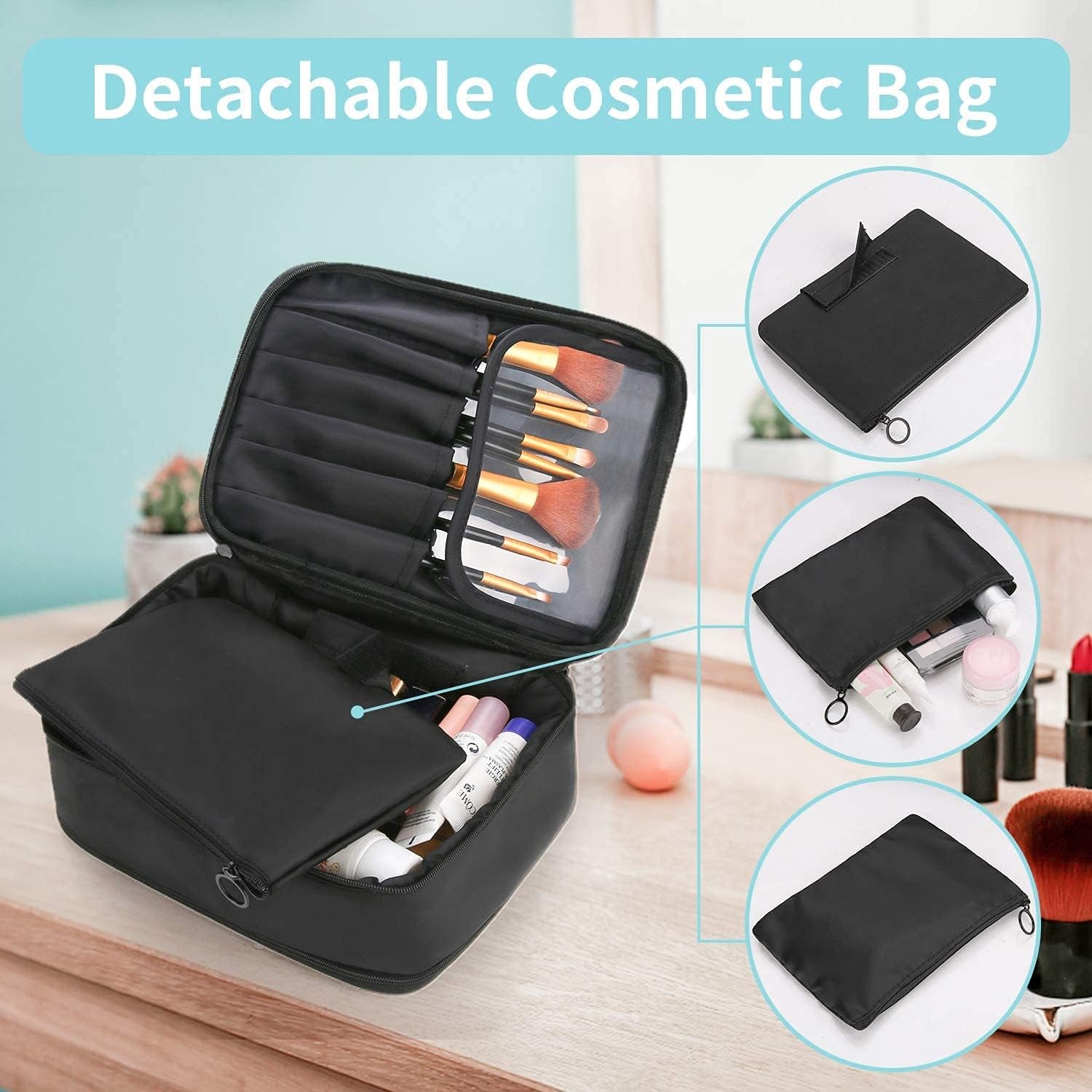 Makeup Bag and Jewelry Bag for Women with Compartments Waterproof Makeup Bag and Jewelry Bag for Women (Black)