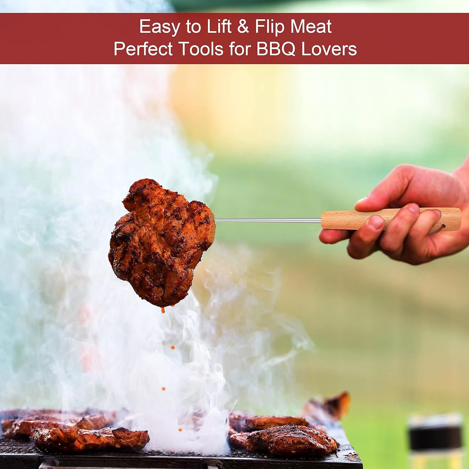 2 Pack Pigtail Food Flipper, 12 Inch Meat Hook Flippers Turners with Stainless Steel Shafts, Substitutes of Grill Tongs, Spatulas, Forks for Kitchen Cooking BBQ, Wooden Handles