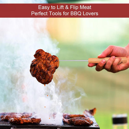 2 Pack Pigtail Food Flipper, 12 Inch Meat Hook Flippers Turners with Stainless Steel Shafts, Substitutes of Grill Tongs, Spatulas, Forks for Kitchen Cooking BBQ, Wooden Handles