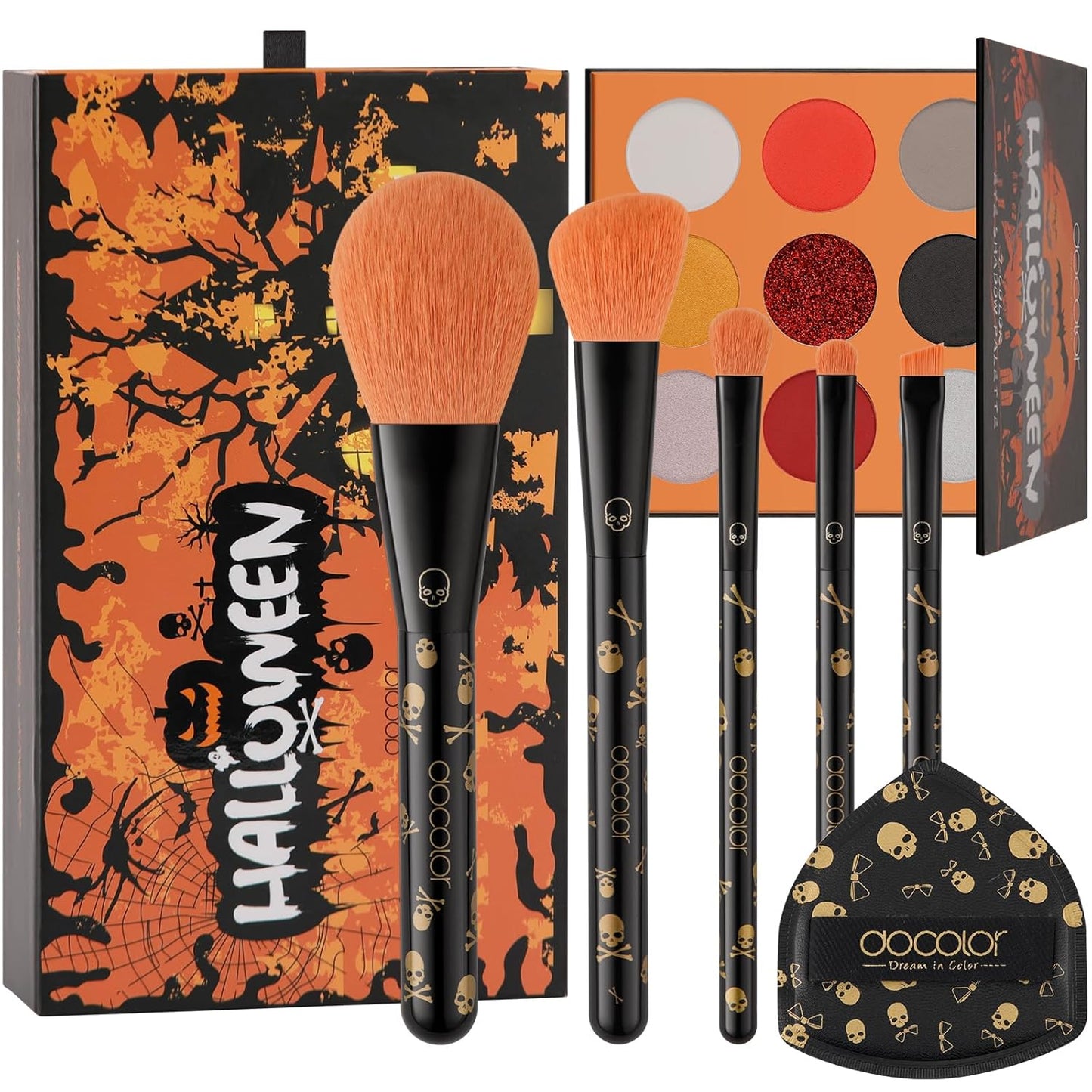 Makeup Brush Set,5Pcs Halloween Goth Makeup Brushes Powder Contour Eyeliner Brow Eyeshadow Brush Set with 9 Colors Halloween Eyeshadow Palette,1Pc Makeup Sponge Puff&3Pcs Halloween Scar Tattoo