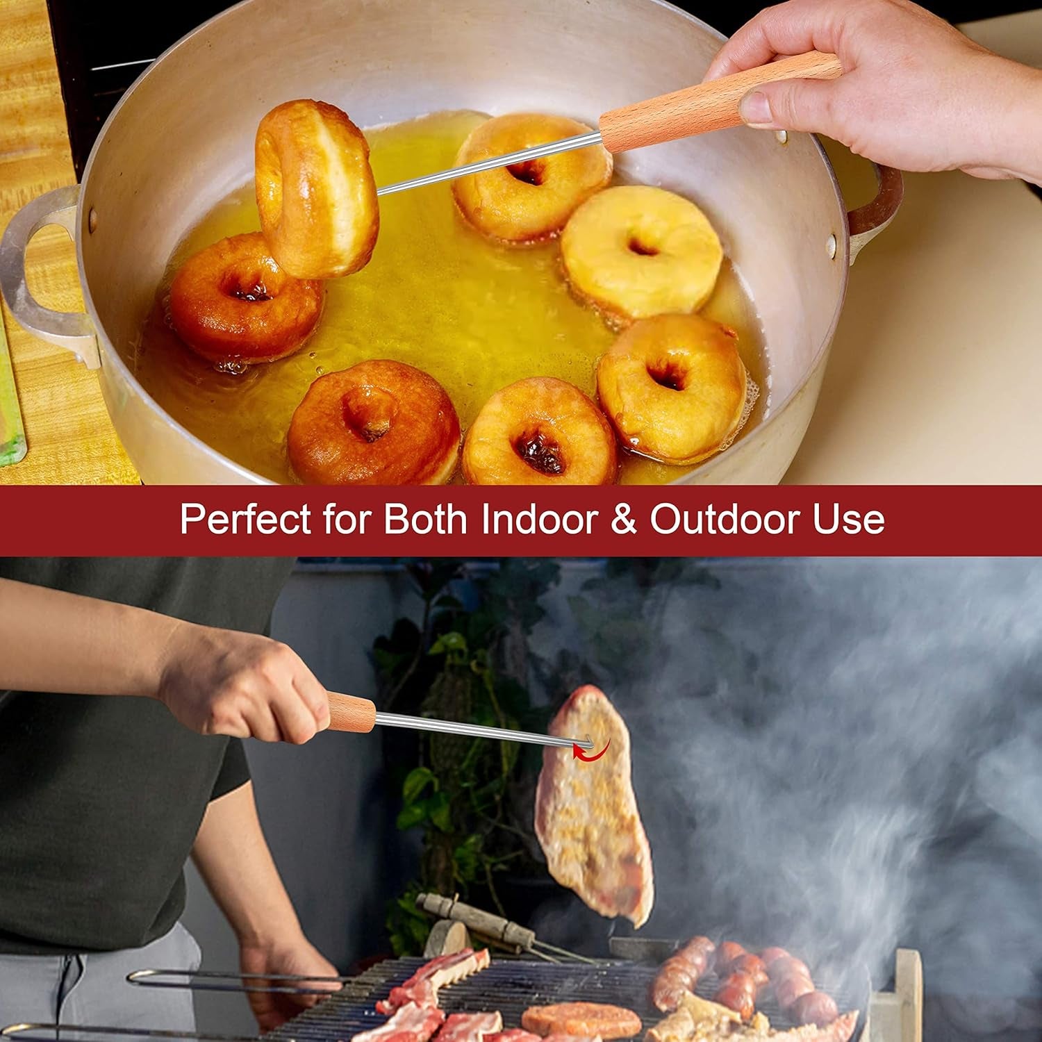 2 Pack Pigtail Food Flipper, 12 Inch Meat Hook Flippers Turners with Stainless Steel Shafts, Substitutes of Grill Tongs, Spatulas, Forks for Kitchen Cooking BBQ, Wooden Handles