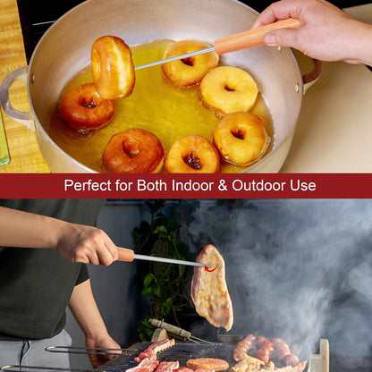 2 Pack Pigtail Food Flipper, 12 Inch Meat Hook Flippers Turners with Stainless Steel Shafts, Substitutes of Grill Tongs, Spatulas, Forks for Kitchen Cooking BBQ, Wooden Handles