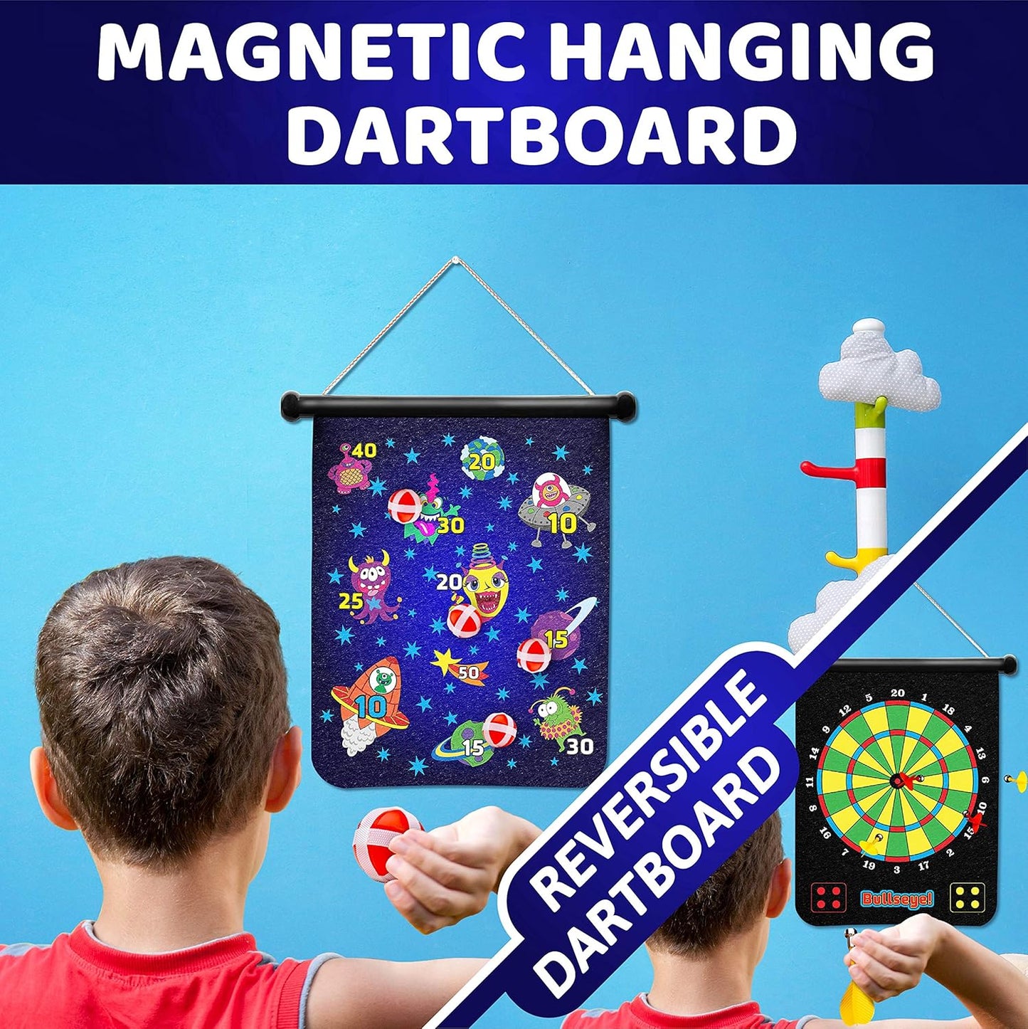 Magnetic Dart Board for Kids - Roll up Double Sided Toy Indoor Outdoor Dart Board Set with 6 Magnetic Throwing Darts and 6 Dart Balls
