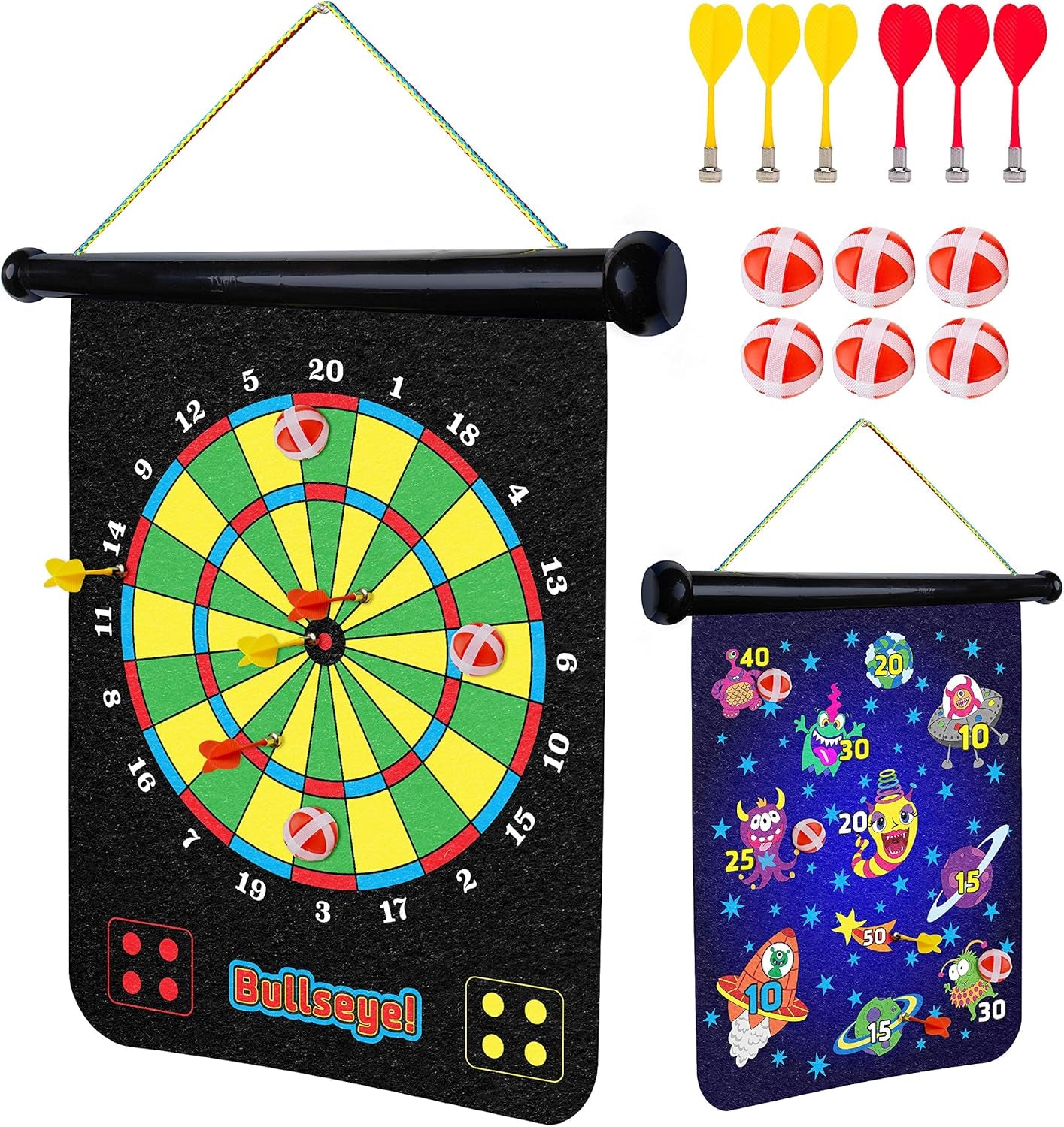 Magnetic Dart Board for Kids - Roll up Double Sided Toy Indoor Outdoor Dart Board Set with 6 Magnetic Throwing Darts and 6 Dart Balls