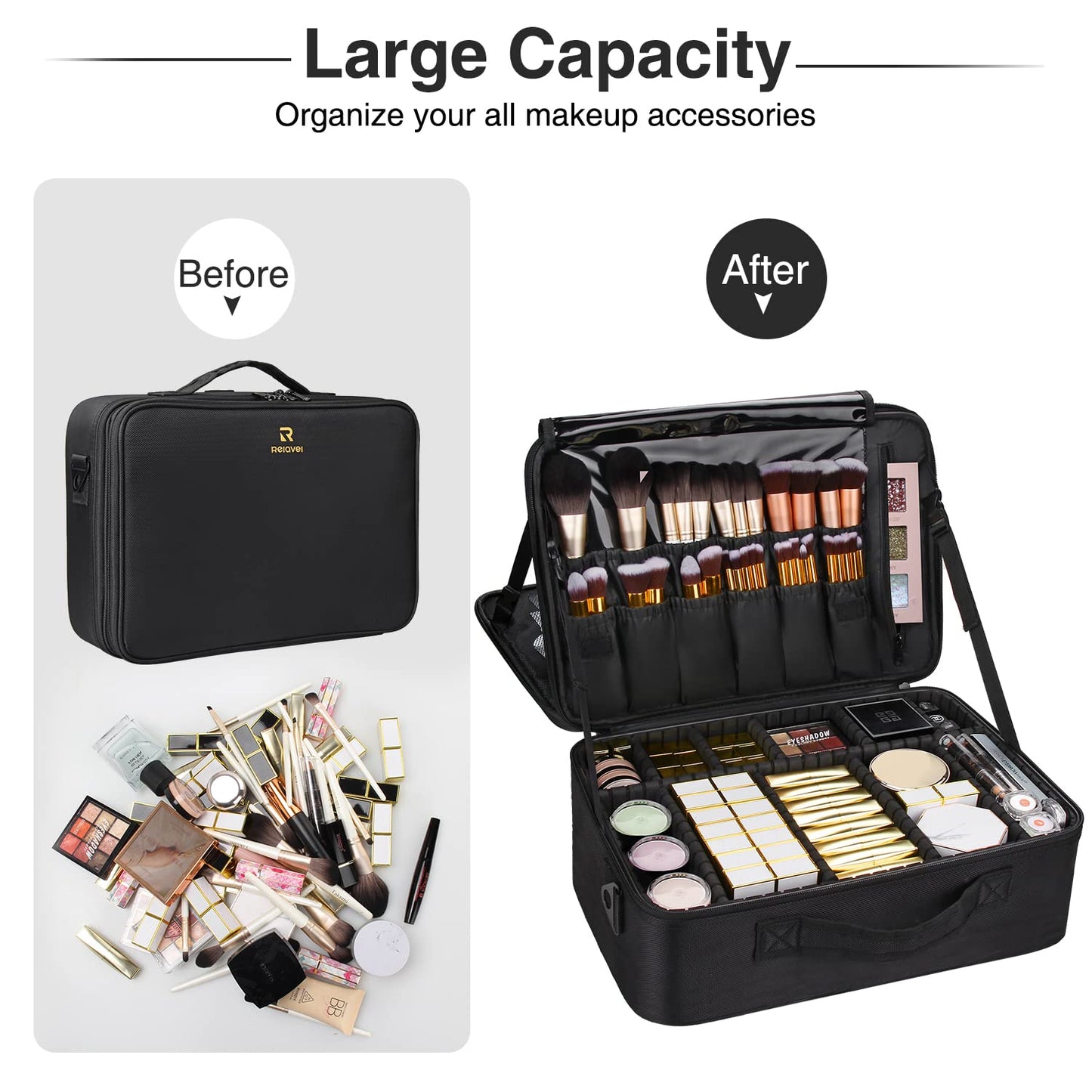 Large Capacity Makeup Case 3 Layers Cosmetic Organizer Brush Bag Barber Train Case Makeup Artist Box for Hair Curler Hair Straightener Brush Set and Cosmetics