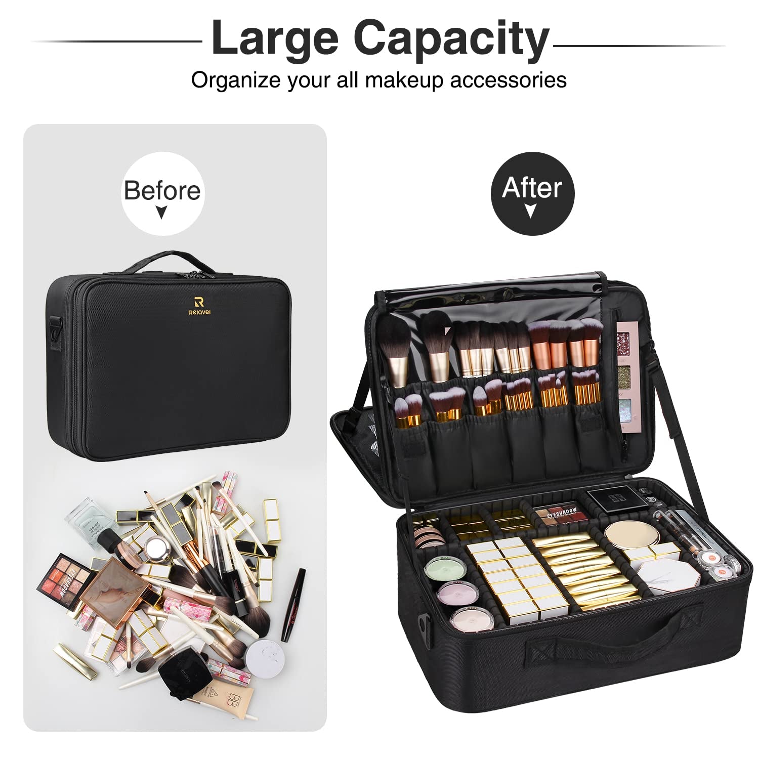 Large Capacity Makeup Case 3 Layers Cosmetic Organizer Brush Bag Barber Train Case Makeup Artist Box for Hair Curler Hair Straightener Brush Set and Cosmetics