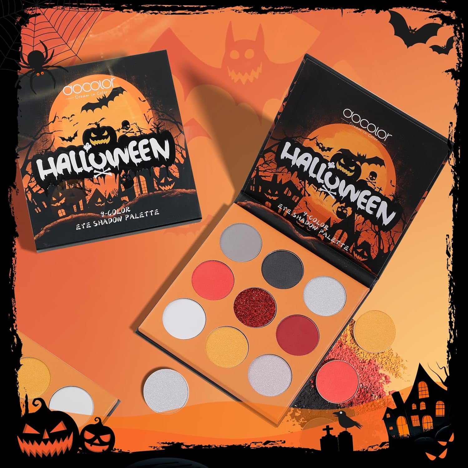 Makeup Brush Set,5Pcs Halloween Goth Makeup Brushes Powder Contour Eyeliner Brow Eyeshadow Brush Set with 9 Colors Halloween Eyeshadow Palette,1Pc Makeup Sponge Puff&3Pcs Halloween Scar Tattoo