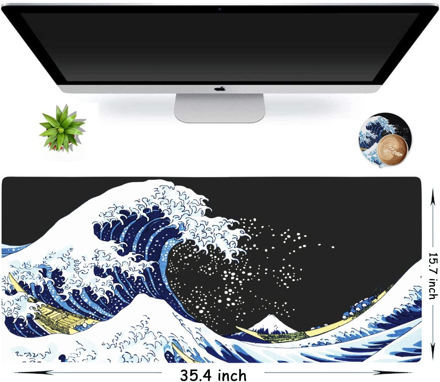 Desk Mat, Big Mouse Pad, XXL Extended Gaming Mouse Pad, Large Mouse Pad for Desk Rubber Base Mousepad with Stitched Edges, Keyboard Mouse Mat for Work, Game, Office, Home - Japanese Sea Wave
