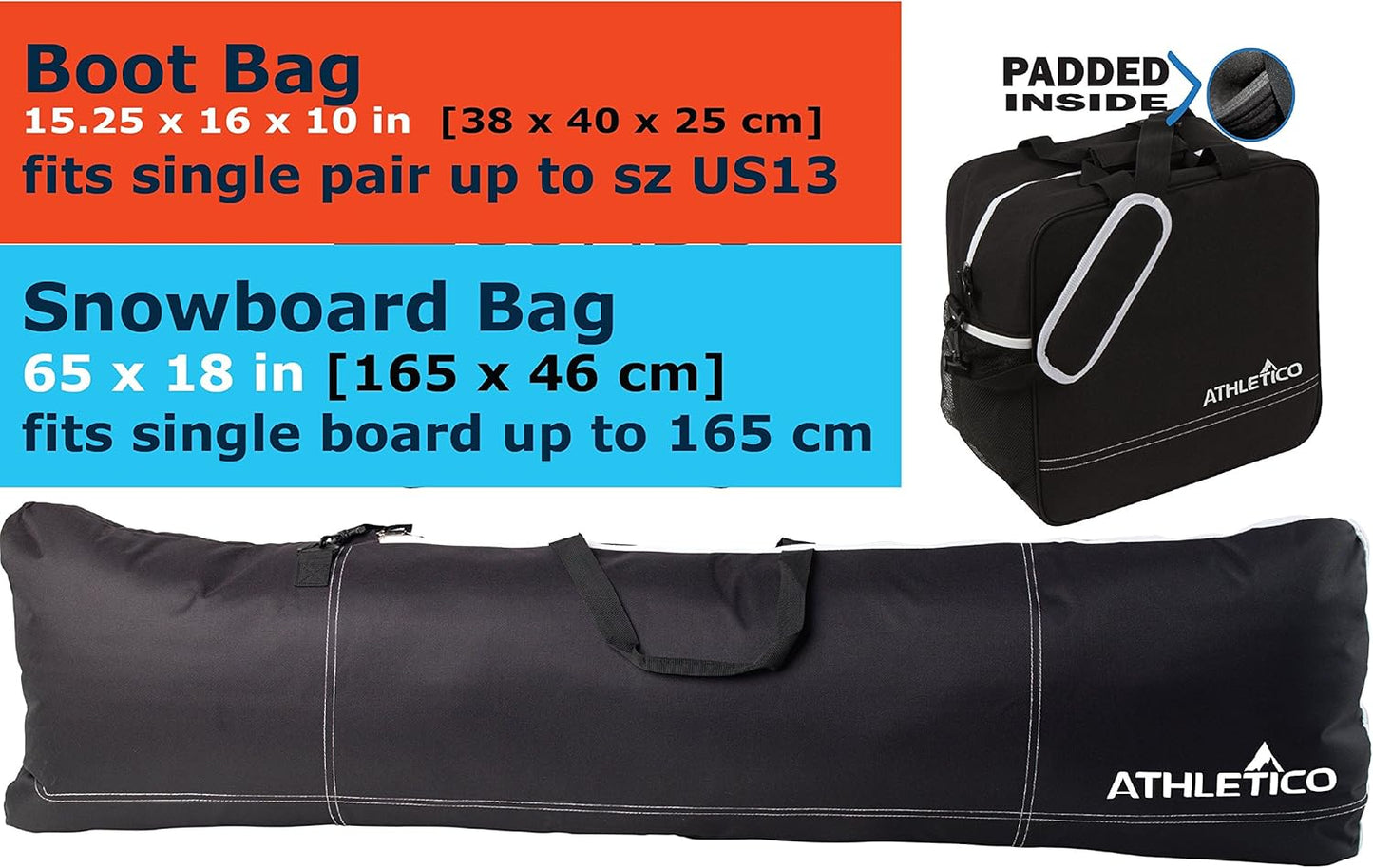 Padded Two-Piece Snowboard and Boot Bag Combo | Store & Transport Snowboard up to 165 CM and Boots up to Size 13 | Includes 1 Padded Snowboard Bag & 1 Padded Boot Bag
