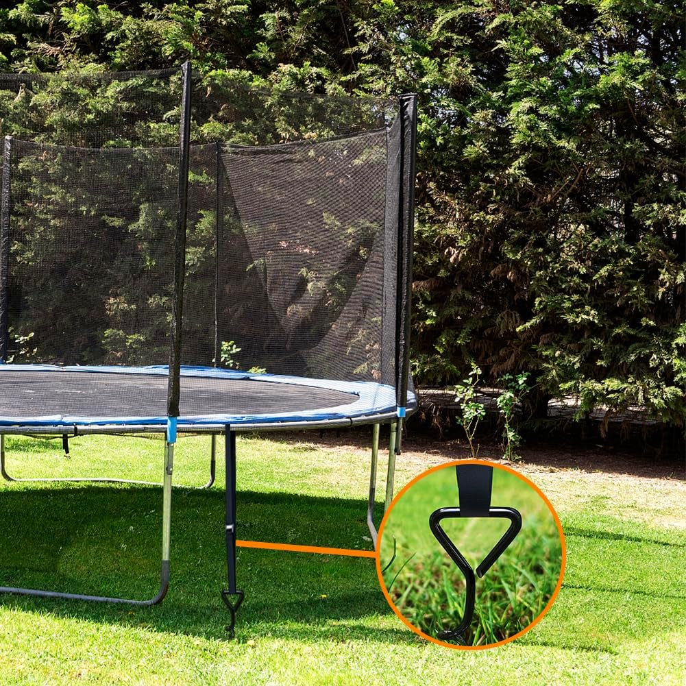 USA Trampoline Stakes Heavy Duty Trampoline Parts Corkscrew Shape Steel Stakes Anchor Kit with T Hook for Trampolines -Set of 4 Bonus 4 Strong Belt,Black