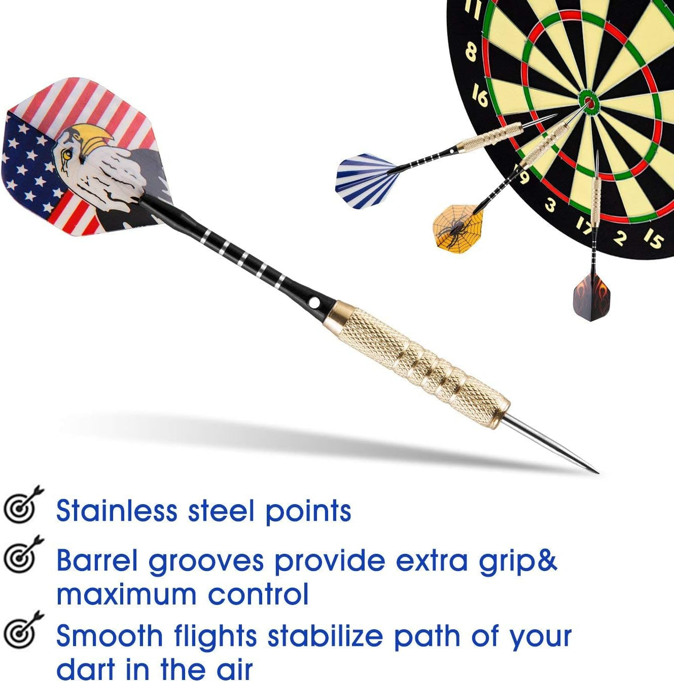 15 Packs Steel Tip Darts 18 Grams with Dart Sharpener and 3 Extra Flights, Aluminum Shafts & Brass Barrels, Levels in Every Rec Room, Man Cave, Bar and Game Room